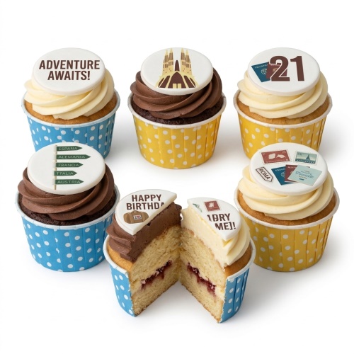 A selection of travel theme birthday cupcakes with various edible toppers including a passport, landmarks, country signs, and 'Adventure Awaits!' message.