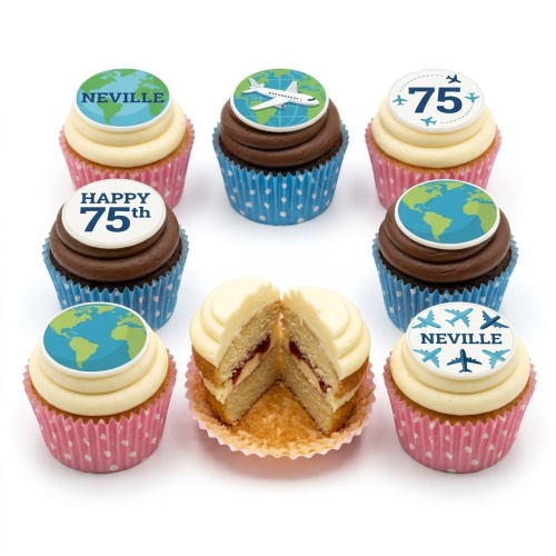 Selection of travel theme birthday cupcakes with world map and aeroplane toppers, some with custom age and name.