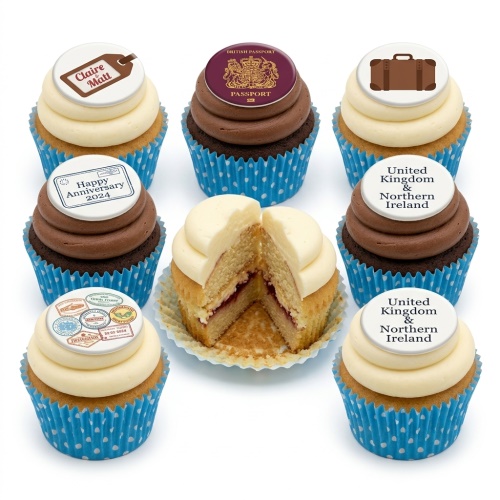 Assortment of travel theme cupcakes with passport, luggage, and stamp toppers, some with personalised messages.