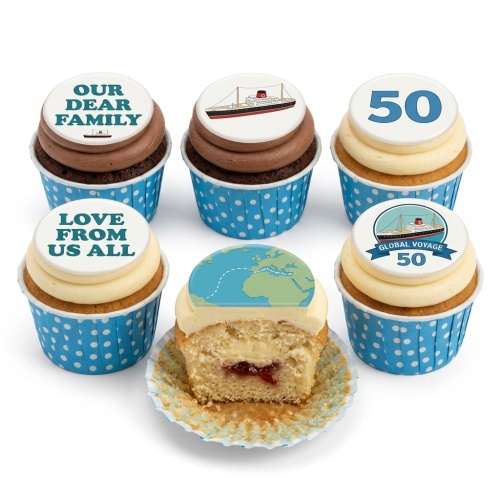 Cupcakes with travel theme toppers: cruise ships, world map, and custom age for a birthday.