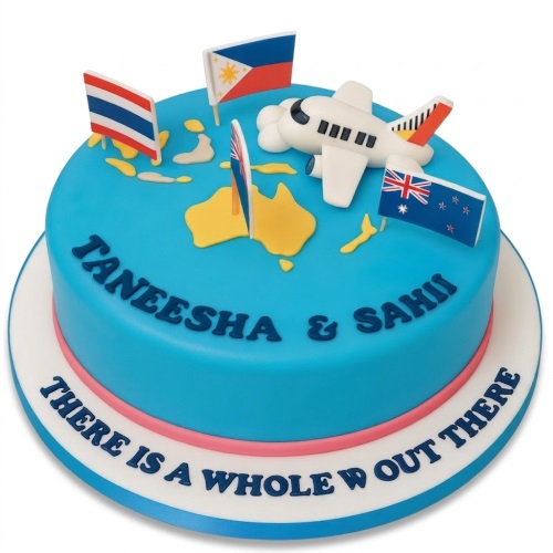 Round blue travel theme birthday cake with world map, flags, and airplane.