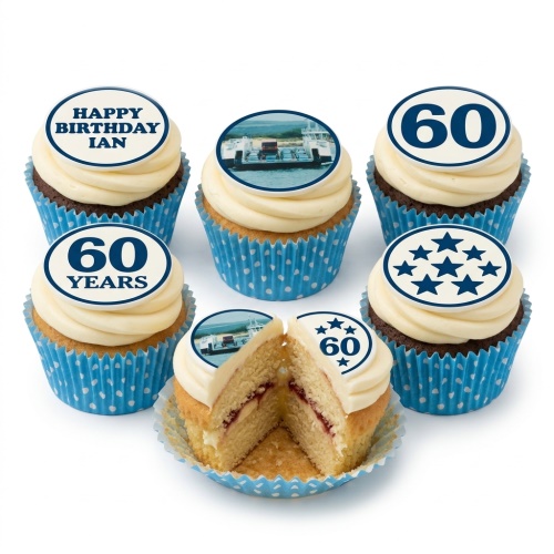 A set of six birthday cupcakes with custom photo, age, and star toppers.