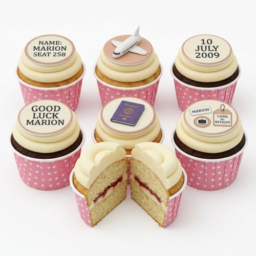 A selection of personalised travel theme cupcakes with aeroplane, passport, and luggage tag toppers, some with custom text.