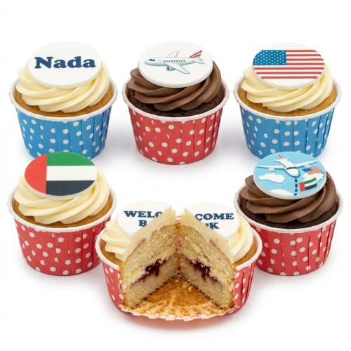 A set of travel-themed cupcakes with airplane and flag toppers, some with vanilla and some with chocolate frosting.