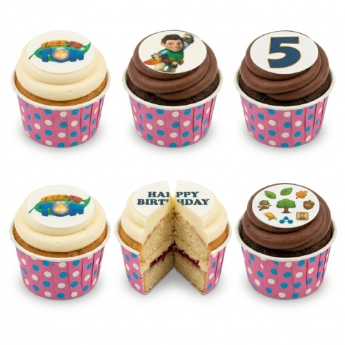 Tree Fu Tom themed birthday cupcakes with vanilla and chocolate frosting, pink polka dot wrappers, and custom age topper.