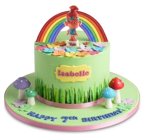 Green Trolls birthday cake with Poppy character, rainbow, colourful flowers, and mushrooms, with space for name and age.