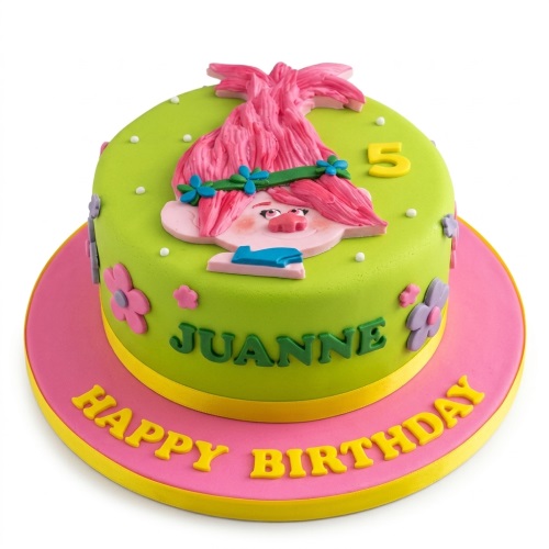 Round green Trolls Poppy birthday cake with pink hair, flowers, and custom age option.
