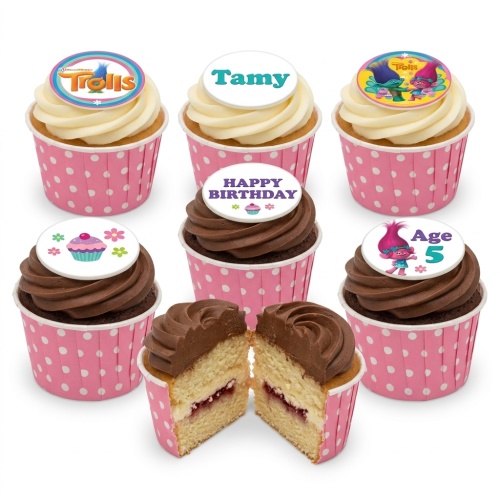 Trolls themed cupcakes with Poppy and Branch toppers, some with custom name and age, in pink polka dot wrappers.