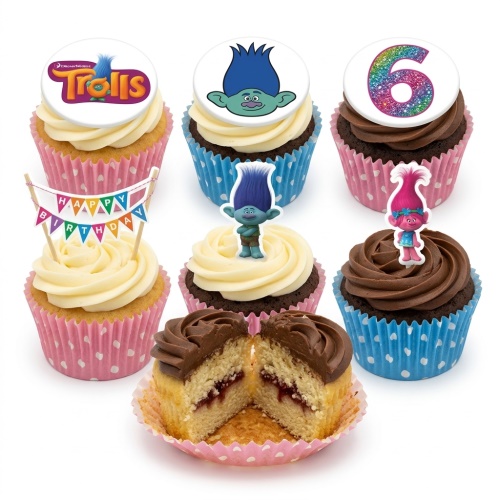 Assortment of Trolls theme birthday cupcakes with character toppers, custom age topper, and 'Happy Birthday' bunting.