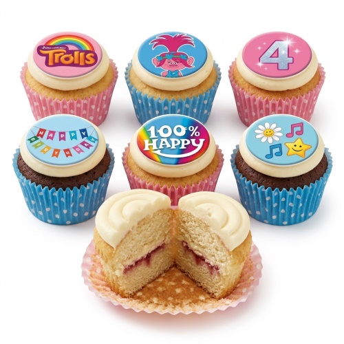 Set of six Trolls themed birthday cupcakes with white frosting and edible toppers, including Poppy, Trolls logo, a custom age '4', 'Happy Birthday' banner, '100% Happy' message, and a flower, music notes, and star. One cupcake is cut open revealing a jam filling.