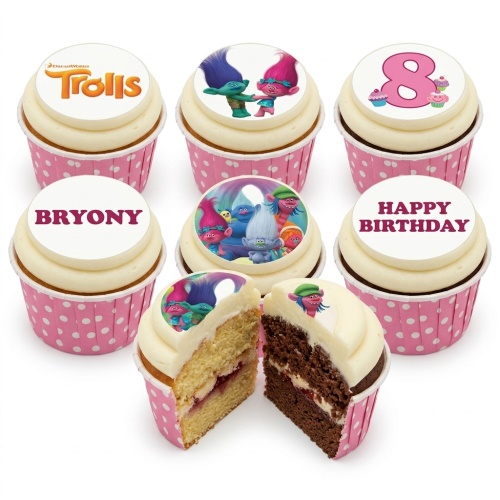 Trolls themed birthday cupcakes with character toppers and custom age/name options, in pink polka dot wrappers.
