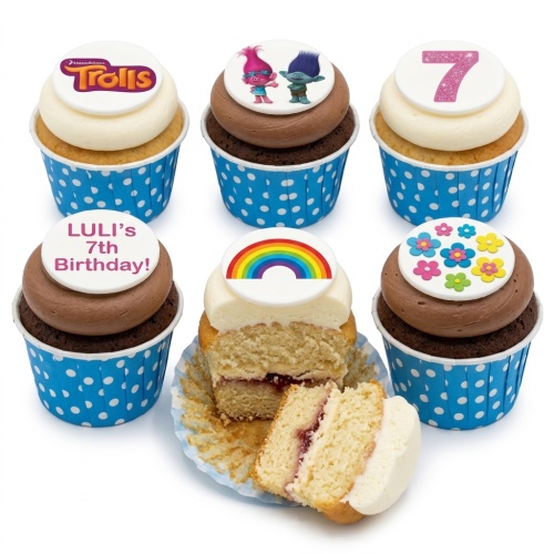 Selection of Trolls themed birthday cupcakes with character, rainbow, flower, and custom age toppers.