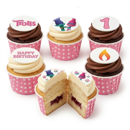 Trolls themed birthday cupcakes with character toppers, "Happy Birthday" message, and custom age "1" on white and chocolate frosting in pink polka dot wrappers.