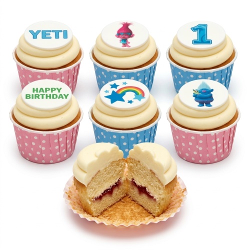 Trolls themed birthday cupcakes with Poppy and Branch characters, rainbow, stars, and custom age/message toppers.