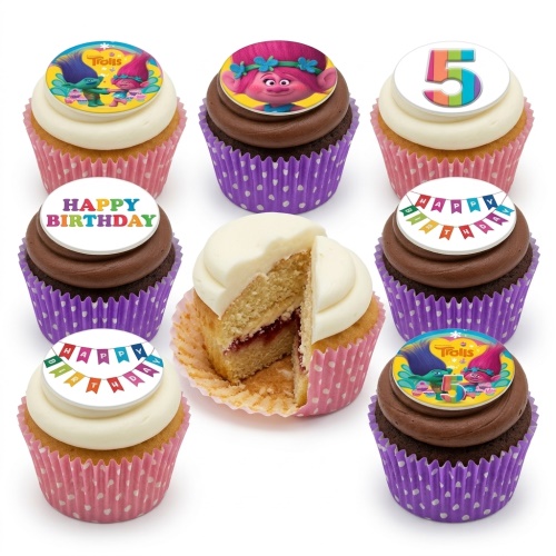 Trolls themed birthday cupcakes with Poppy and Branch toppers, "Happy Birthday" message, and a colourful number topper.