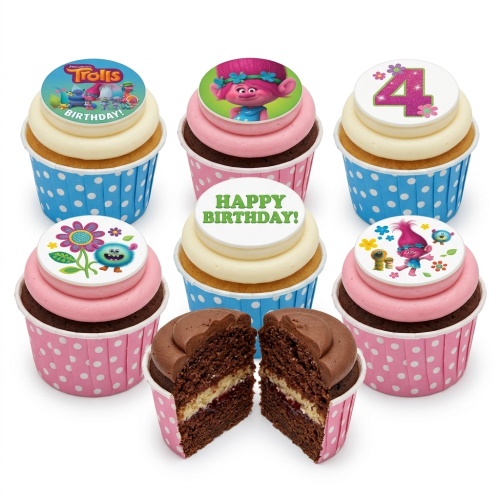Trolls themed birthday cupcakes with Poppy character toppers, a custom age '4', and a 'Happy Birthday' message.