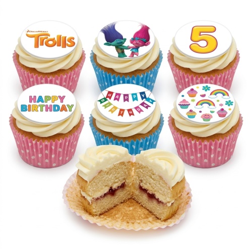 DreamWorks Trolls themed birthday cupcakes with character, "Happy Birthday" and custom age toppers.