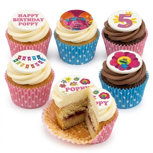 Vibrant Trolls themed birthday cupcakes with character toppers, custom age, and 'Happy Birthday' banner.