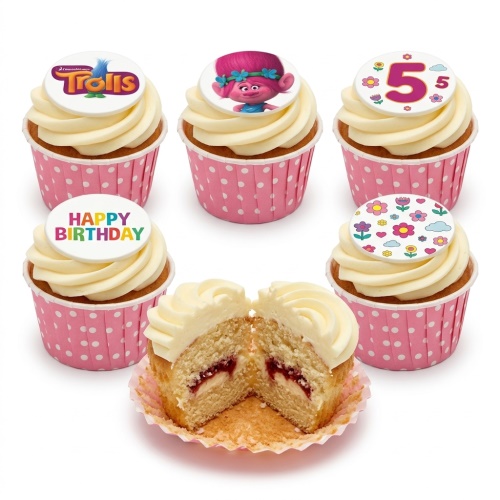 Trolls themed birthday cupcakes with Poppy character, Trolls logo, custom age, and floral toppers in pink polka dot wrappers.