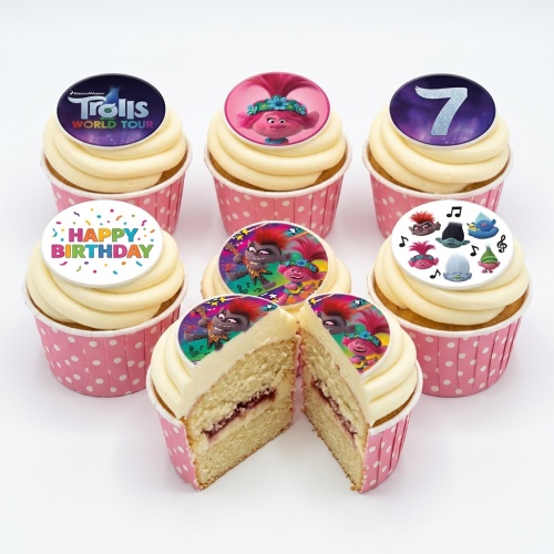 Trolls World Tour themed cupcakes with Poppy, Branch, and 'Happy Birthday' toppers, and a custom age topper.