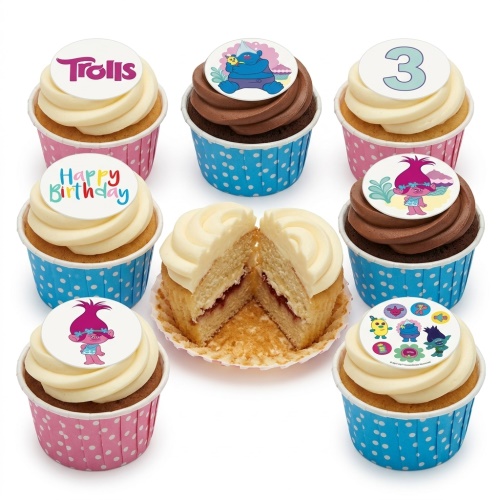 Trolls themed birthday cupcakes with character toppers, 'Happy Birthday' message, and a custom age topper on white and chocolate frosting.