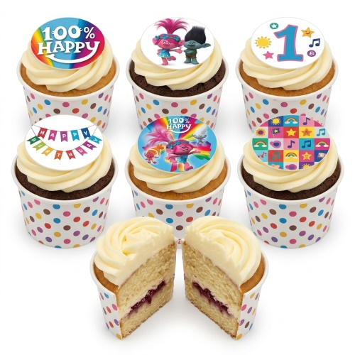 Trolls themed cupcakes with Poppy and Branch toppers, '100% Happy' and 'Happy Birthday' designs, and a custom age '1' topper.