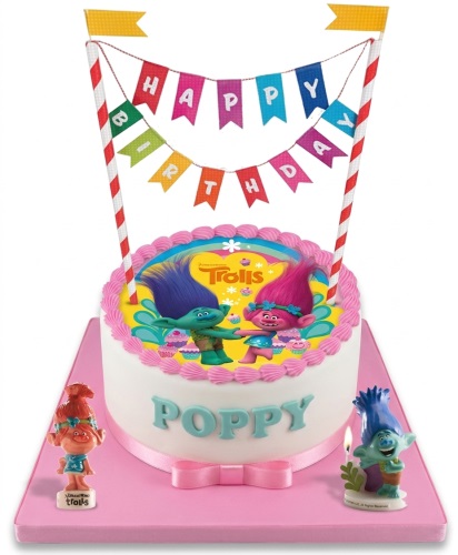 Round white Trolls birthday cake with Poppy and Branch edible image, pink frosting, and a Happy Birthday banner.