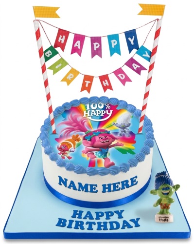 Round white Trolls birthday cake with Poppy, Branch, and friends, blue piping, and a "Happy Birthday" banner.