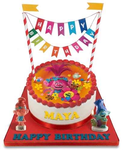 Round white Trolls birthday cake with Poppy and Branch edible image, red trim, "Happy Birthday" banner, and character figurines.