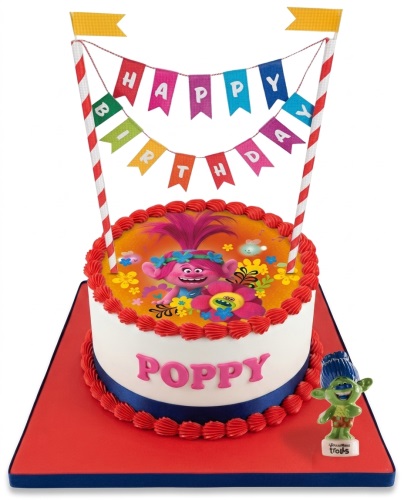 Round Trolls birthday cake with Poppy and Branch characters, Happy Birthday banner, and custom name 'POPPY'.