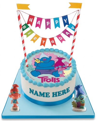 Round Trolls birthday cake with Branch and Poppy, blue piping, "Happy Birthday" banner, and personalised name area.