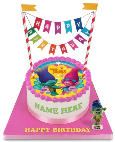 Round Trolls birthday cake with Poppy and Branch edible image and "Happy Birthday" banner.