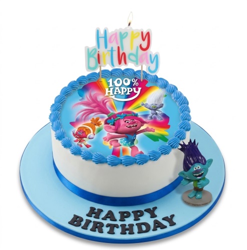 Round white Trolls birthday cake with Poppy, Branch edible image, blue frosting, and Branch figurine.
