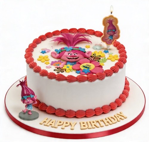 Round white Trolls Poppy birthday cake with red piping, colourful flowers, and a Trolls figurine.