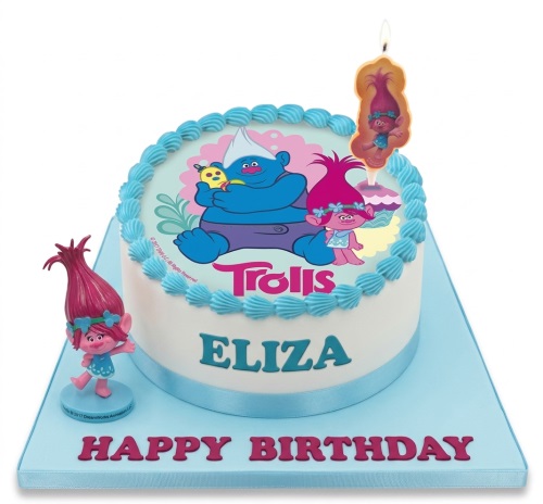 Round Trolls character birthday cake with blue icing, Trolls edible image, Poppy figurine, and custom name.