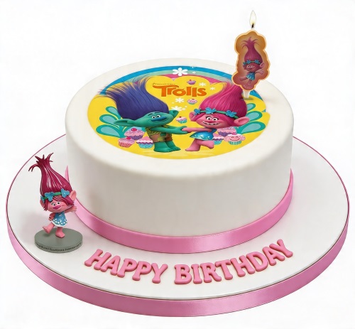 Round white Trolls birthday cake with Poppy and Branch edible image, pink ribbon, and 'Happy Birthday' message.