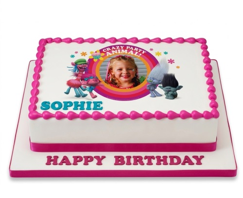 White rectangular birthday cake with pink heart border, Trolls characters, and a custom child's photo. Personalised name and 'Happy Birthday' message.
