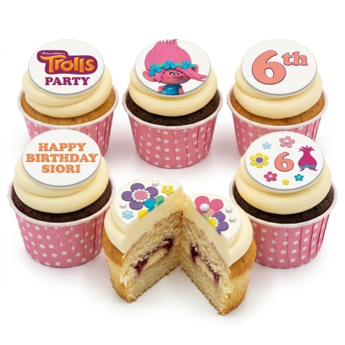 Trolls themed birthday cupcakes with Poppy character, floral decorations, and custom age toppers.