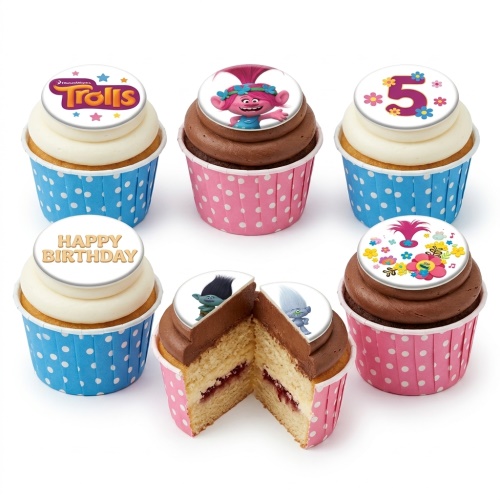 Trolls themed cupcakes with Poppy, Branch, Trolls logo, custom age topper and 'Happy Birthday' message, in pink and blue polka dot cases.