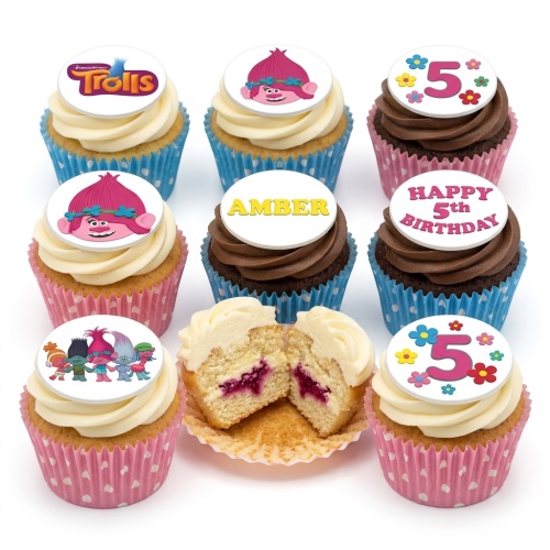 Trolls themed cupcakes with Poppy, Branch, and Trolls logo toppers, some with custom age and name examples.