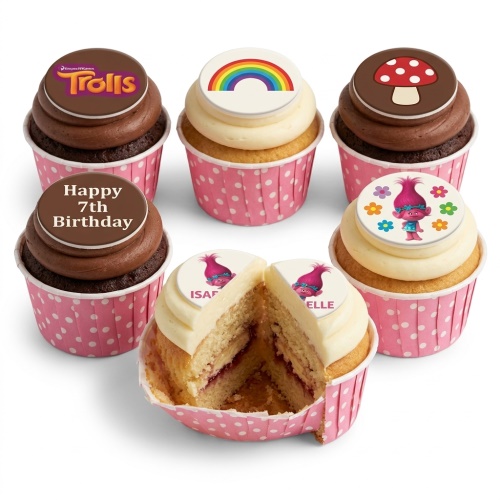 A set of Trolls themed cupcakes with chocolate and vanilla frosting, featuring Trolls logo, Poppy character, rainbow, mushroom, custom age, and personalised name toppers.