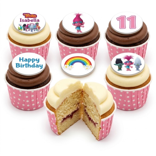 Trolls themed cupcakes with Poppy, Branch, and Guy Diamond toppers, a rainbow, 'Happy Birthday' message, and custom age '11' on pink polka dot wrappers.
