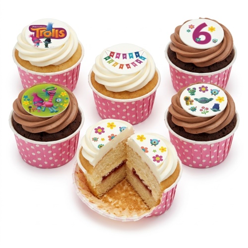 Trolls themed birthday cupcakes with edible character toppers, 'Happy Birthday' banner, and custom age '6' topper.
