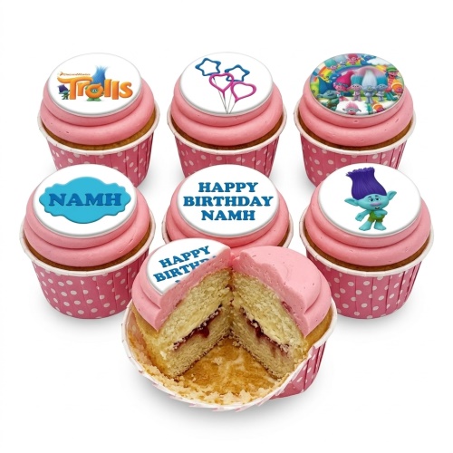 Pink Trolls theme birthday cupcakes with character toppers and personalised name.