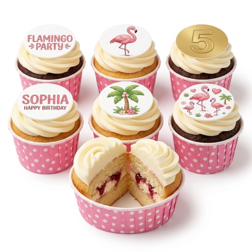 Flamingo themed cupcakes with palm trees and a custom age topper for a birthday party.