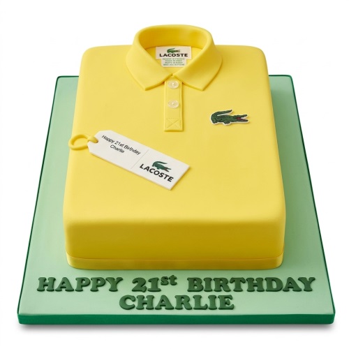 Yellow Lacoste polo shirt cake with green crocodile logo and custom age tag.