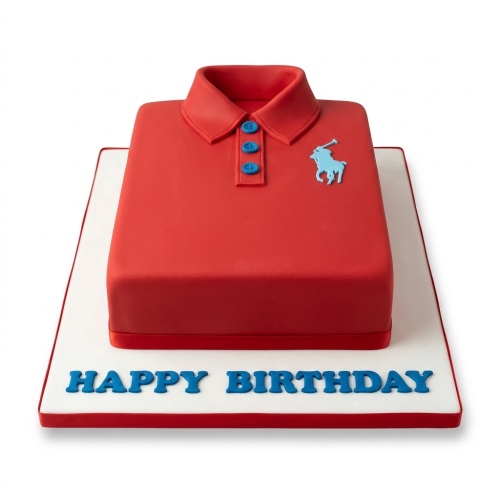 Red polo shirt birthday cake with blue buttons and a light blue polo player logo. "Happy Birthday" message.