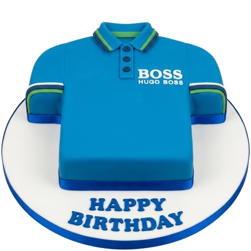 Blue polo shirt shaped birthday cake with a white and blue cake board, featuring a 'BOSS HUGO BOSS' logo and 'Happy Birthday' message.