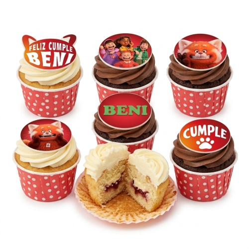 Turning Red themed birthday cupcakes with Mei Lee and red panda edible toppers in red polka dot cases.