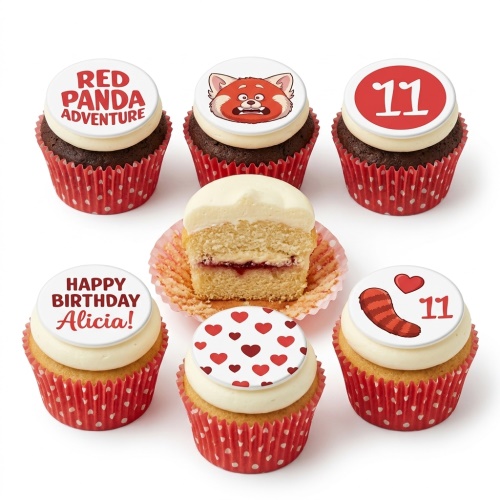 Red panda themed cupcakes with character, hearts, and custom age toppers in red polka dot cases.